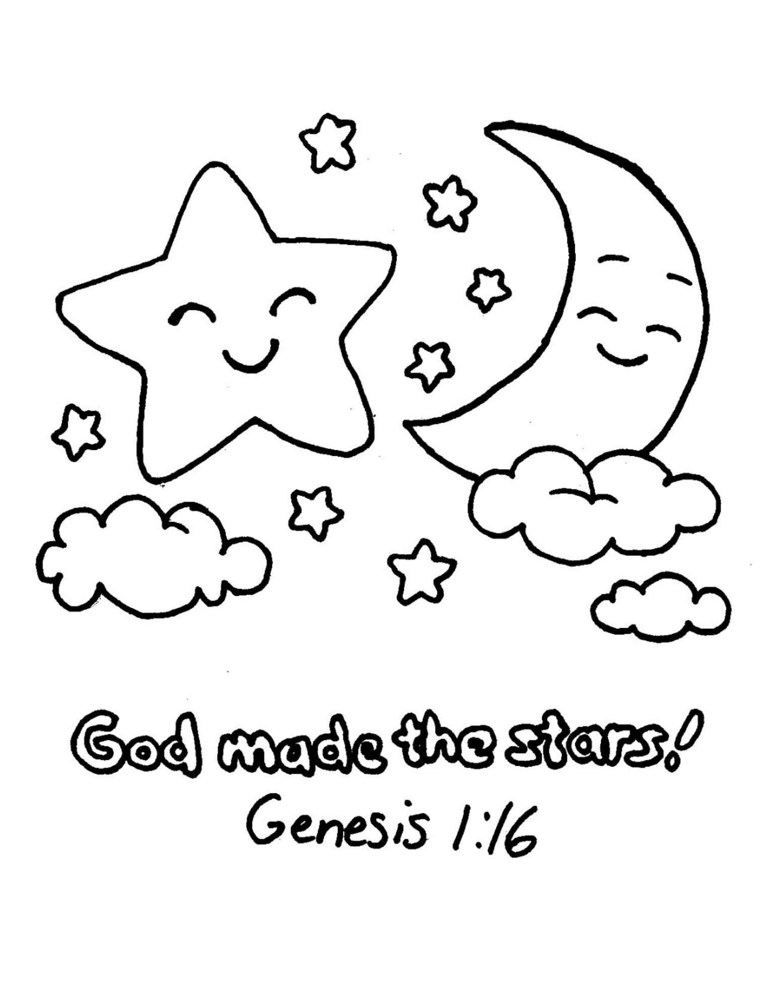 A colouring page with a picture of stars and the moon and the words 'God Made The Stars'.